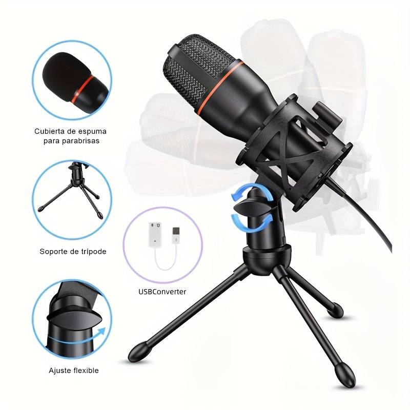 Microfono Capacitivo USB Plug & Play de 3.5 mm para Streaming, Grabación y Gaming - Cuello Ajustable, Soporte Incorporado, Captura de Sonido en Ángulo Total de 180°, Compatible con PC/Portátil (), Diseño Flexible, Micrófono Alimentado por USB