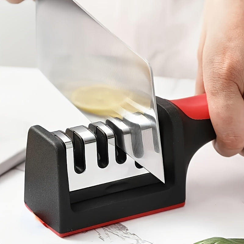Afiliador Profesional de Cuchillos, Herramienta Portátil para Afilar 4 Hojas con Mango Rojo y Base Negra - Ideal para Diversos Tipos de Cuchillas, Accesorio Perfecto para una Familia de 30 Personas