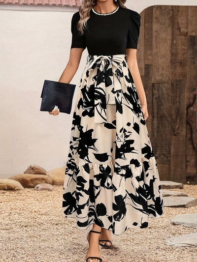 Vestido Elegante con Estampado Floral y Cinturón - Cuello Redondo, Manga Corta, Diseño en A para Mujer - Perfecto para Primavera y Verano