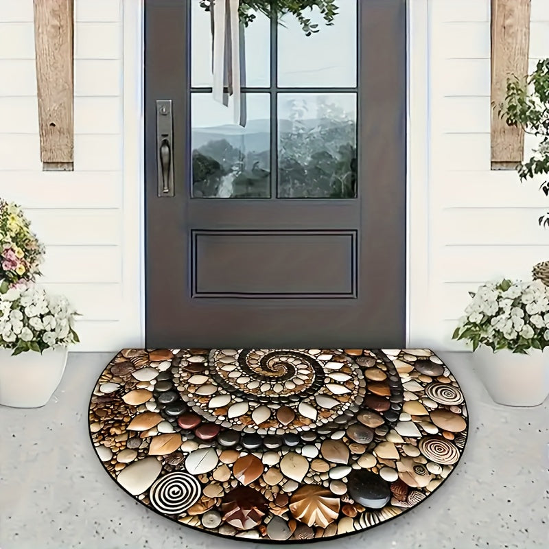 Alfombra lavable a máquina semirredonda en 2D, diseño de conchas y piedras coloridas, poliéster liviano, ideal para cocina, baño, porche y balcón, uso en interiores/exteriores, decoración de porche|Alfombra decorativa para piso|Alfombra lavable a máquina