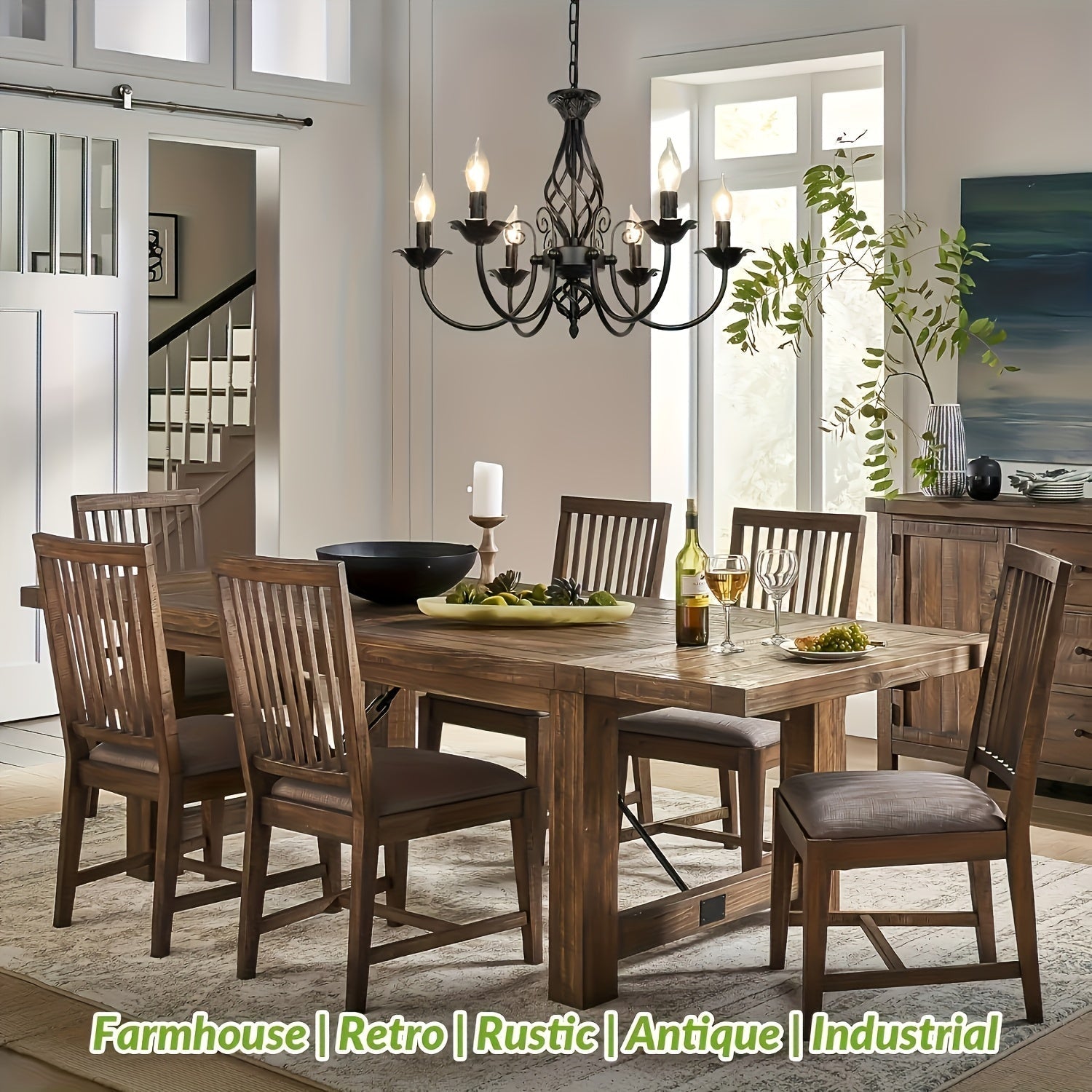 Lámpara colgante estilo granja con diseño industrial rústico, acabado negro mate, candelabro de metal de 5 brazos para dormitorio, pasillo, cocina, comedor, bar o entrada, base para focos E14 (focos no incluidos), luz para comedor | Estética industrial |