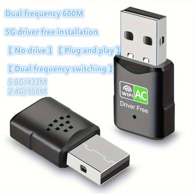 1 pieza, Adaptador inalámbrico USB de doble banda, 600 Mbps, 2,4 G/5,8 G, sin controlador, Plug & Play, sin batería necesaria, compatible con XP/Win7/8/8.1/10/11, ideal para PC y portátiles, conectividad inalámbrica de portátiles | Adaptador sin controla