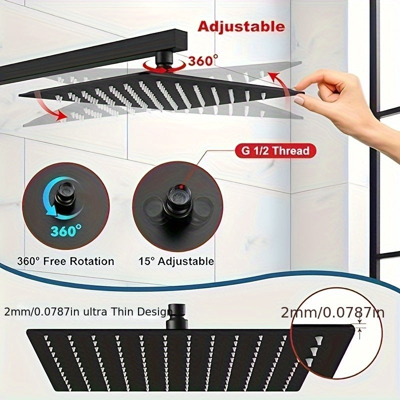 1pc Cabezal De Ducha De Lluvia, Cabezal De Ducha De Lluvia Cuadrado De Acero Inoxidable De Alto Flujo, Diseño De Alta Presión, Experiencia De Ducha Impresionante Incluso Con Bajo Flujo De Agua (8 Pulgadas, Negro Mate), Accesorios De Baño