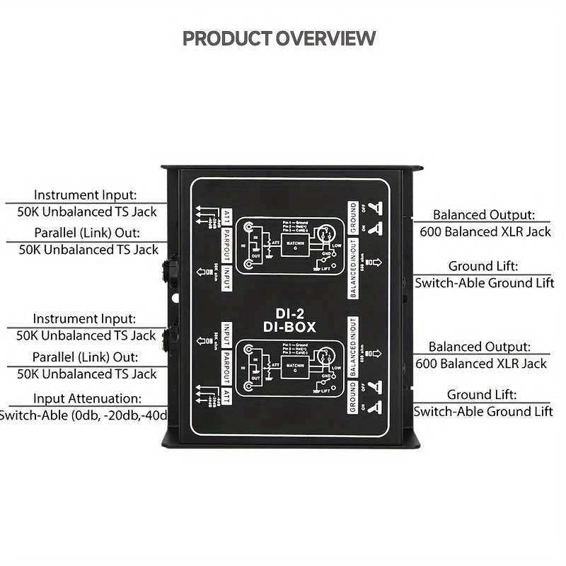 1pc AmaceX CL-2 Caja de DI de alto rendimiento pasiva, construcción de hierro, transformador de impedancia de 1/4", atenuador de entrada, compatible con PC, XLR/salida balanceada/no balanceada, alimentación eléctrica de la habitación, ≤36V