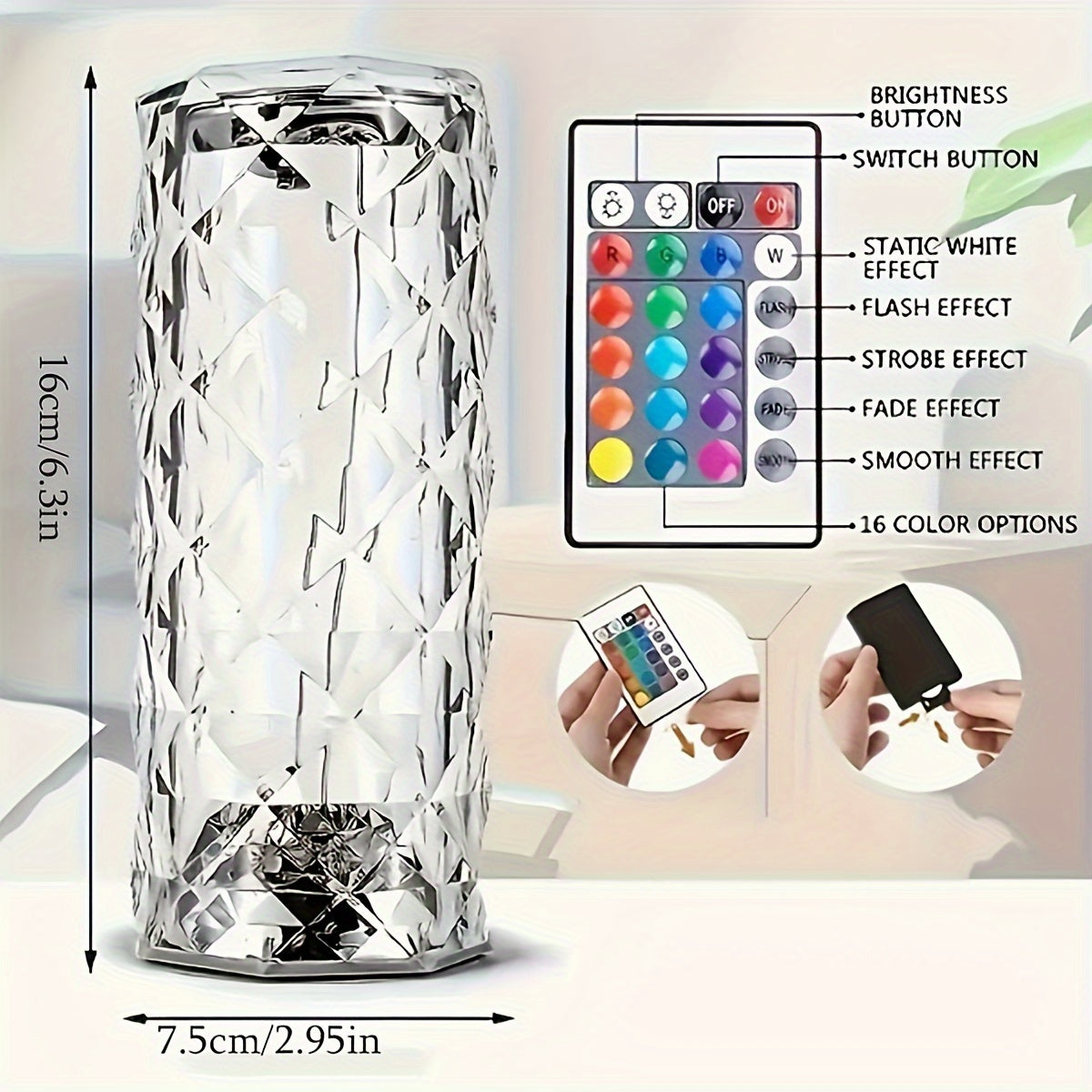 1 lámpara de mesa de cristal de rosa recargable por USB, batería de litio de 500 mAh, 3 colores y 16 colores + control remoto, con cable de carga USB, lámpara de atmósfera para el hogar, lámpara de atmósfera para dormitorio, luz nocturna para habitación,