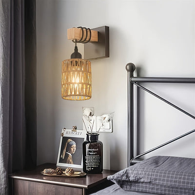 Arandela de Pared Industrial Estilo Medio Siglo XX – Lámpara de Ratán Tejido a Mano para Sala, Dormitorio o Comedor – Decoración Rústica Bohemia con Acabado en Metal Pulido, Incluye Herramientas de Montaje, Luz Ambiente para Dormitorio | Estilo Bohemio y