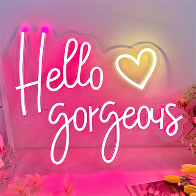 Letrero de Neón "Hola Hermosa" - Elegante Decoración de Pared en Letras Mayúsculas Blancas con Acento de Corazón Rosa, Alimentado por USB, Arte LED Multifuncional para Dormitorio, Hogar, KTV y Regalo de Cumpleaños