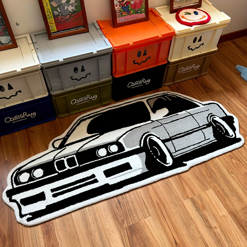 Alfombra de Área de Diseño de Coche Vintage - Suave, Esponjosa con Pelo de 10mm de Grosor, Antideslizante y Lavable a Máquina, Negra y Gris con Ruedas Blancas, Decoración Retro para Sala de Juegos o Dormitorio, Acogedor y Elegante Adorno para el Hogar, A