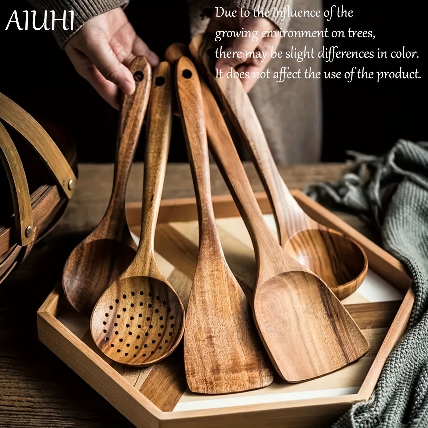Conjunto de Utensilios de Cocina de Madera AIUHI de 5 Piezas, Cucharas de Madera y Juego de Espátulas Naturales para Sartenes Antiadherentes