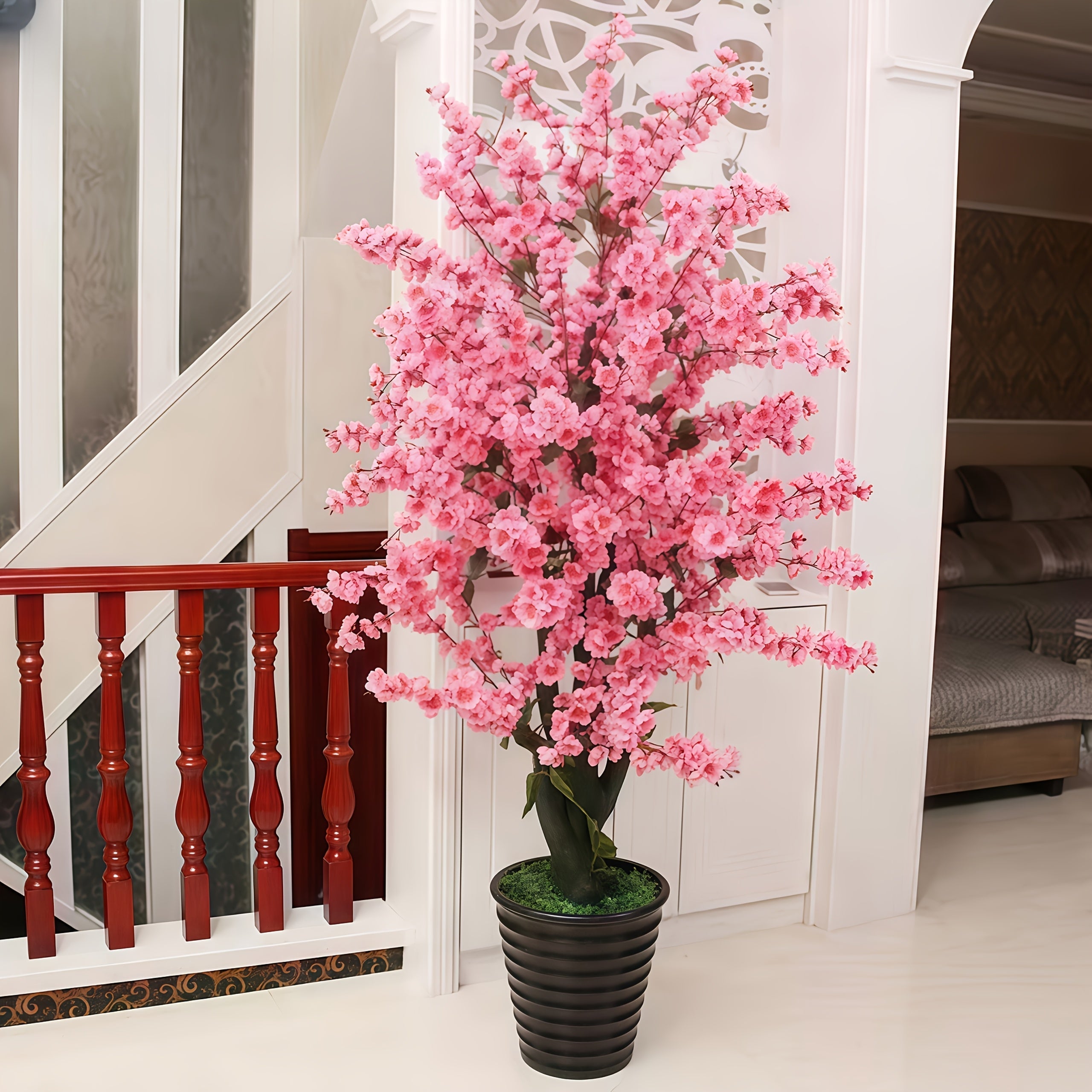 8 piezas de cerezos artificiales grandes con flores rosadas, decoración flexible para interiores y exteriores, hogar, oficina, bodas, jardín, fotografía, estilo nórdico primaveral (sin maceta incluida), decoración de jardín, arreglos florales para bodas,