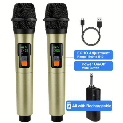 Micrófono sin varillas Recargable, Sistema de Micrófonos Portátiles Dinámicos con Botón de Silencio de Eco para Canto en Karaoke y Fiestas de Iglesia, Salida de 1/4'',