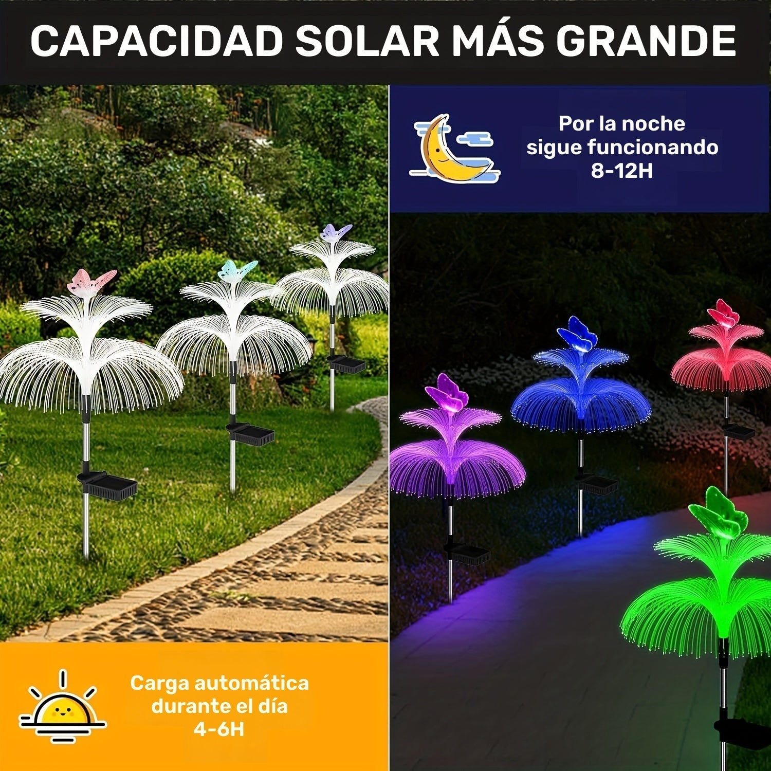 Luces solares para jardín con diseño de medusas, 3 piezas, luces LED multicolor para exteriores, diseño de mariposa de doble capa, construcción duradera de plástico y acabado metálico, ahorro de energía, fácil instalación, ideales para caminos y jardines