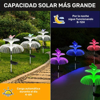 Luces solares para jardín con diseño de medusas, 3 piezas, luces LED multicolor para exteriores, diseño de mariposa de doble capa, construcción duradera de plástico y acabado metálico, ahorro de energía, fácil instalación, ideales para caminos y jardines