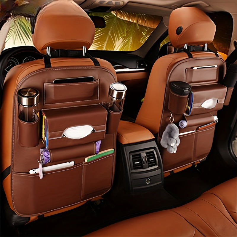 Organizador de Asiento Trasero para Coche en Cuero PU con Múltiples Bolsillos - Marrón, Ideal para Sedanes, Camionetas y SUVs, Incluye Portavasos, Ganchos y Bolsillo de Malla para Almacenamiento y Organización Máxima