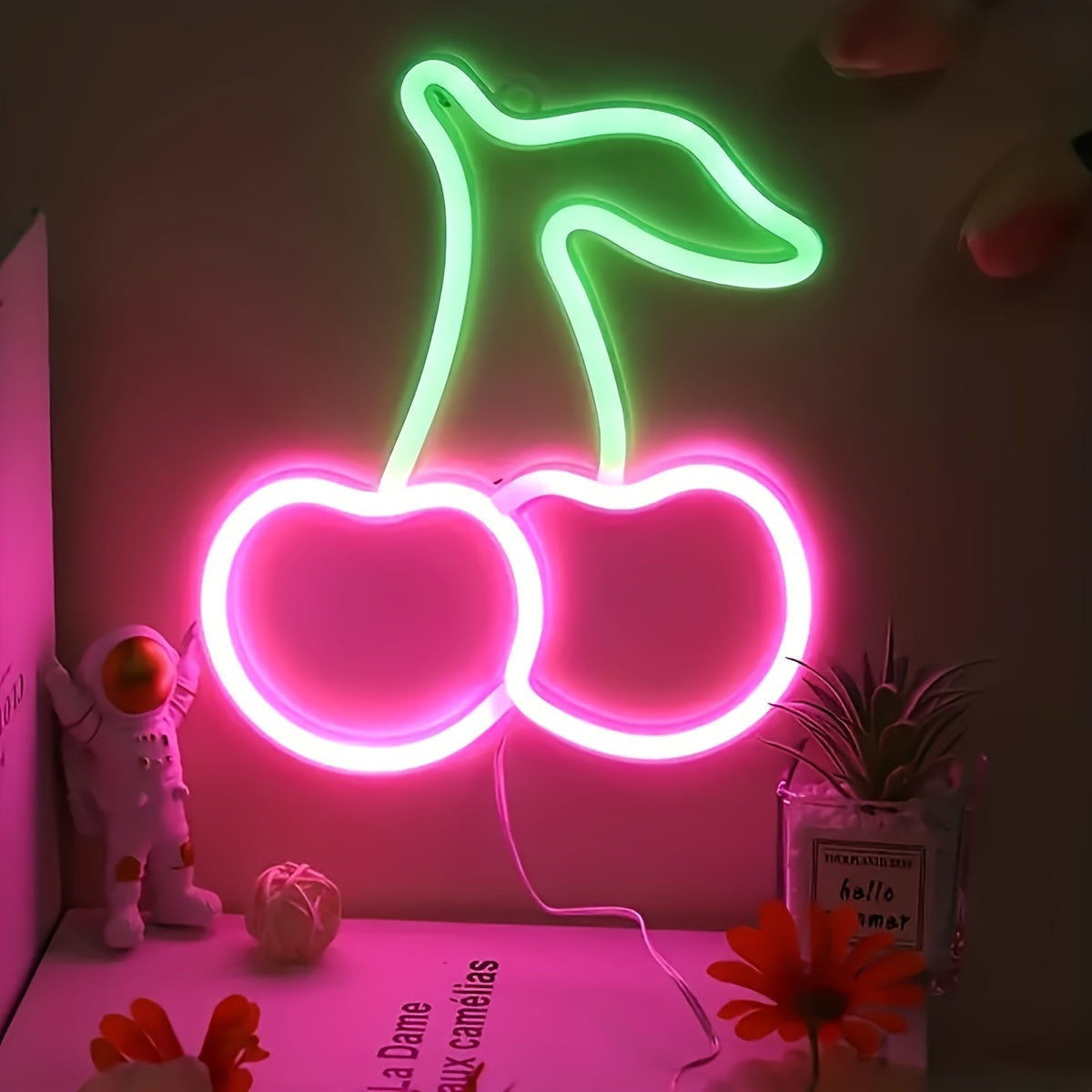 Señal de neón LED en forma de cereza, luz decorativa de neón para colgar en la pared de plástico, con control de interruptor, alimentación USB, para dormitorio, boda, fiesta de cumpleaños, sala de juegos, aniversario, decoración del hogar para el día de