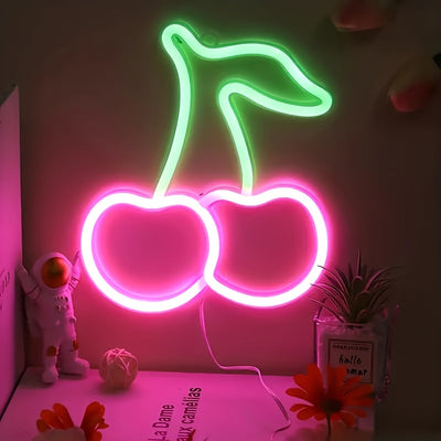 Señal de neón LED en forma de cereza, luz decorativa de neón para colgar en la pared de plástico, con control de interruptor, alimentación USB, para dormitorio, boda, fiesta de cumpleaños, sala de juegos, aniversario, decoración del hogar para el día de