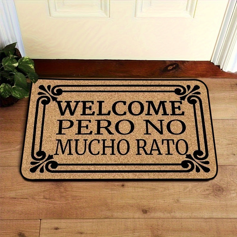 Tapete de bienvenida con diseño floral en tono café elegante, "WELCOME PERO NO MUCHO RATÓN", fibra de poliéster, solo lavado a mano, ideal para entrada de casa, decoración interior, porche y sala, accesorio hogareño elegante, texto en letra cursiva