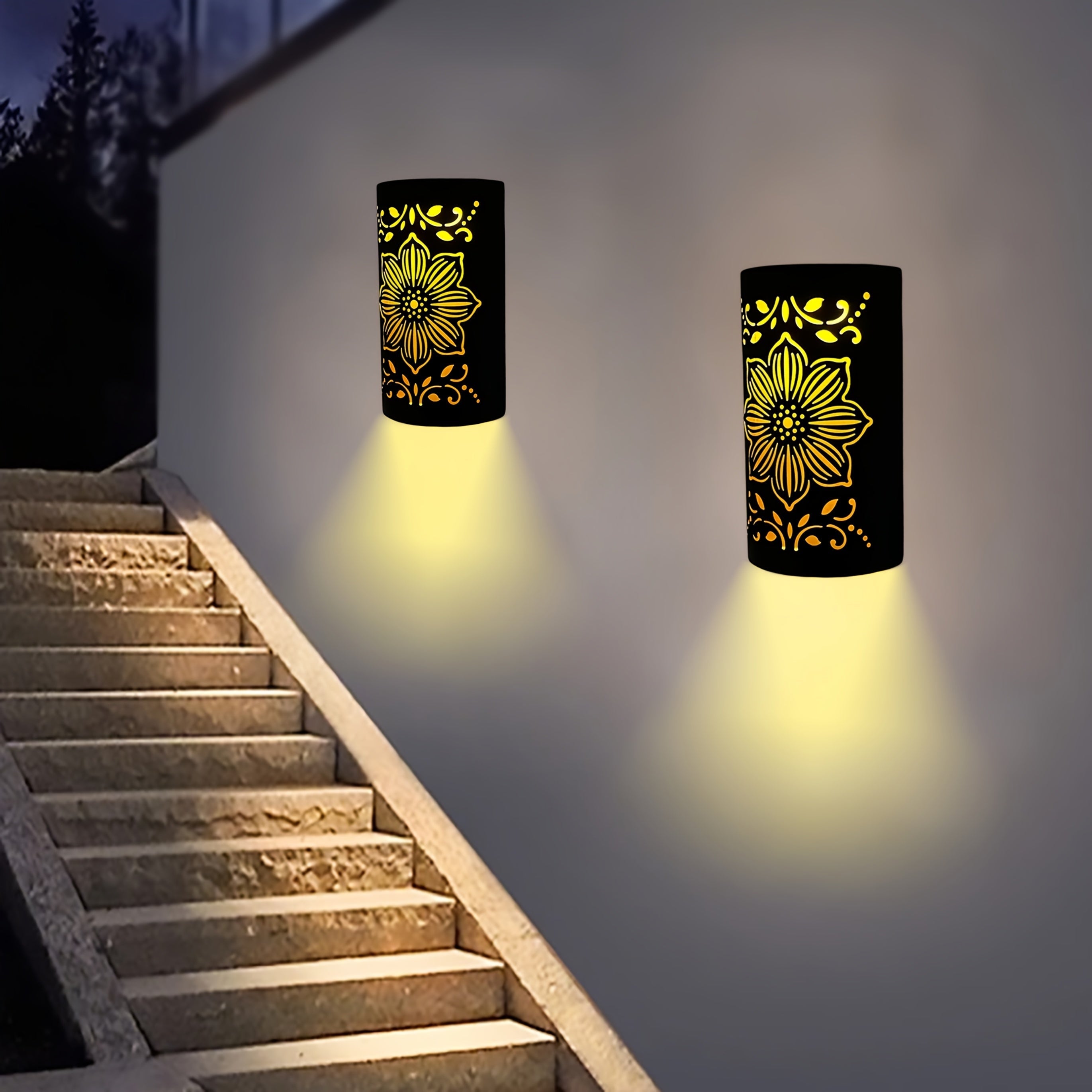 XXOASIS 1/2/3pcs Luces Solares de Pared Mate con Corte Floral Hueco y Detalles Dorados, Alta Calidad para Jardín, Patio o Valla - Iluminación Exterior Duradera en Hierro Semi-Encastrada, Idea de Regalo de Cumpleaños, Decoración Solar Colgante, Ambiente p