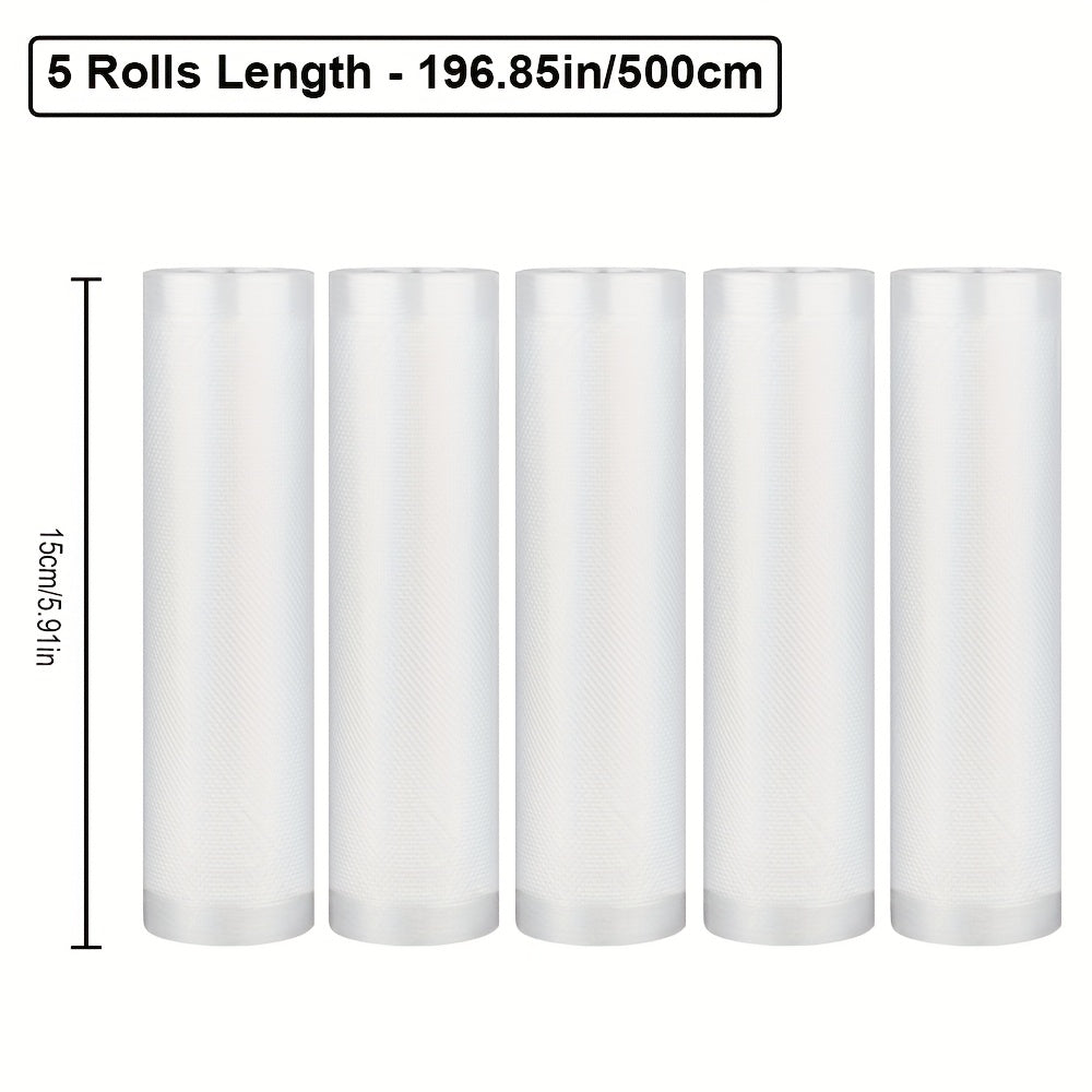 5-Pack 5.0 metros Bolsas de sellado al vacío sin BPA, Material PE+PA, Uso único, Compatible con la mayoría de los selladores para almacenamiento de alimentos, conservación de frescura, cocción a baja temperatura, preparación de comidas, compra en mayor -