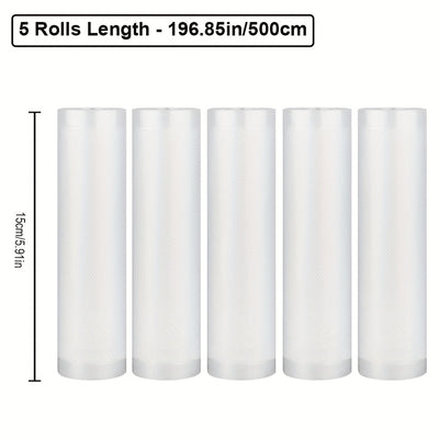 5-Pack 5.0 metros Bolsas de sellado al vacío sin BPA, Material PE+PA, Uso único, Compatible con la mayoría de los selladores para almacenamiento de alimentos, conservación de frescura, cocción a baja temperatura, preparación de comidas, compra en mayor -