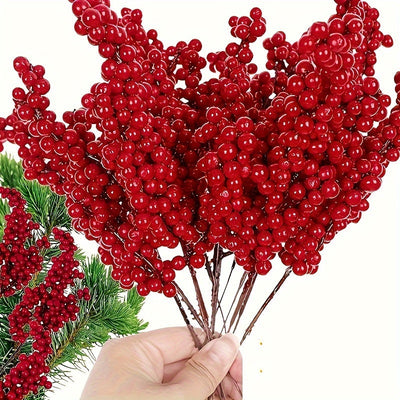 10 tallos de bayas artificiales rojas vibrantes - Ideal para decoración de árbol de Navidad y fiestas, no requiere energía
