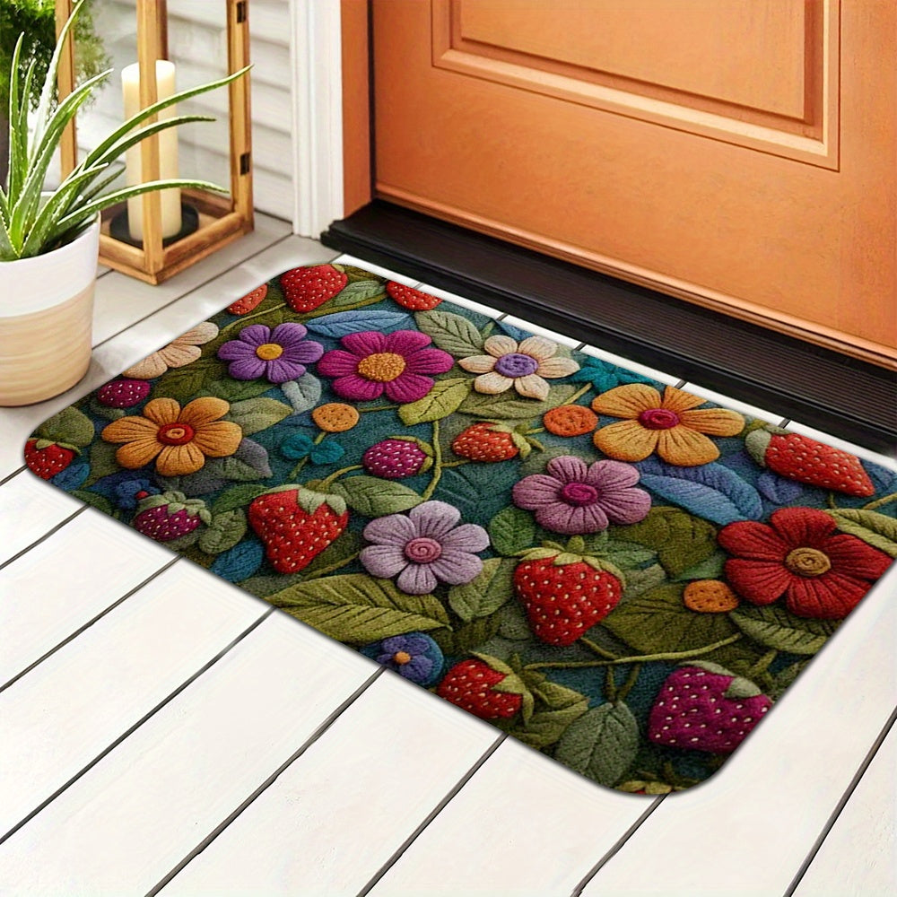 1pc Alfombra de Bienvenida Vibrante con Florales - Diseño Colorido de Girasoles y Fresas, Suave Poliéster, Lavar a Máquina, Ideal para Uso en Interior/Exterior en Dormitorio, Baño, Cocina y Entrada - 1.2cm de Grosor, Alfombra Interior Exterior | Diseño d