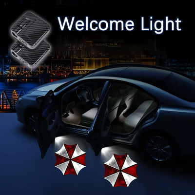2 luces LED de bienvenida con diseño de paraguas rojo y corazón, encendido automático, luces proyectoras LED para auto, funcionan con pilas (pilas no incluidas) - Regalo ideal para dueños de autos, iluminación automotriz | Iluminación divertida | Diseño