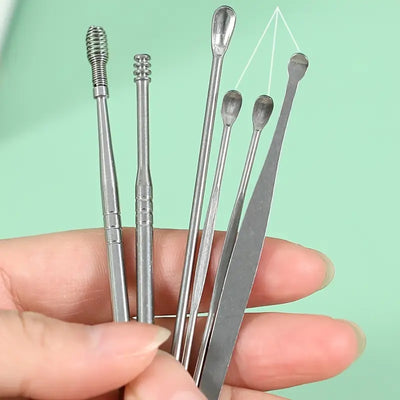 Kit para Remover Cera de Oídos, 6 Herramientas para Limpieza de Oídos, Herramienta Portátil e Innovadora de Cera de Oídos con Resorte, Herramienta de Acero Inoxidable para Remover Cera de Oídos, Herramienta Reusável para Limpieza de Oídos para Adultos