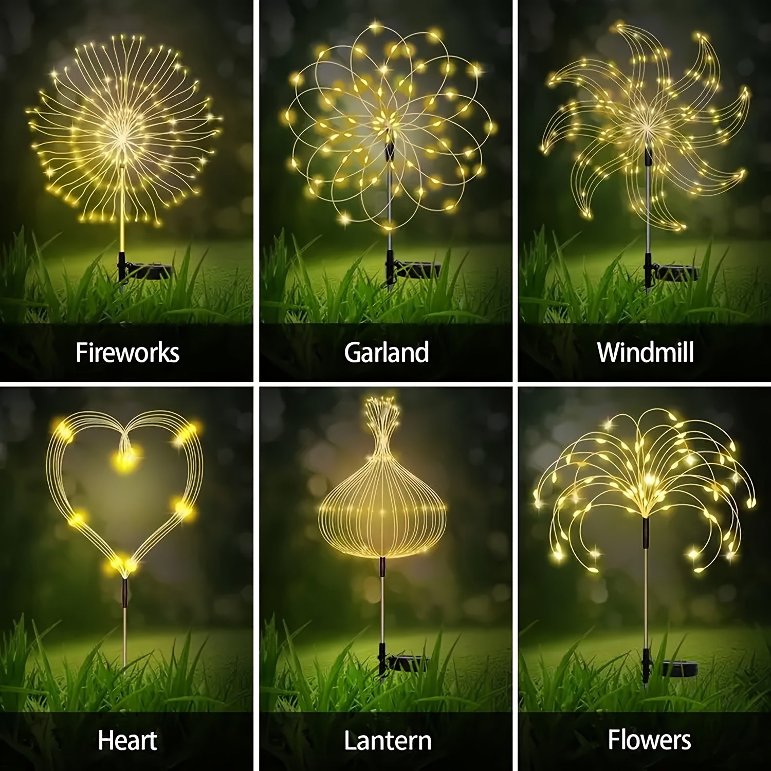 4/ 1 Paquete de Luces Solares para Jardín con 8 Modos, Luces de Fuegos Artificiales LED 320/240/90 - IP65 Impermeables - Luces de Cadena Multicolor y Cálidas para Decoración Exterior, Patio, Sendero, Fiesta o Celebraciones - Iluminación para Exteriores
