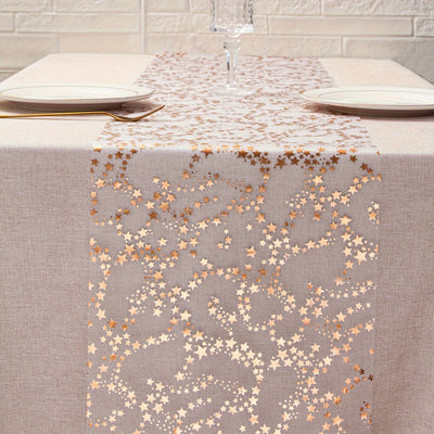 1 unidad de mantel de lona dorada de 11x108 pulgadas y 11x196 pulgadas, mantel de estrellas con lentejuelas brillantes, diseño de estrellas metálicas, dorado/rose dorado/plata, tela de poliéster, decoración de mesa festiva para Navidad, boda, cumpleaños,