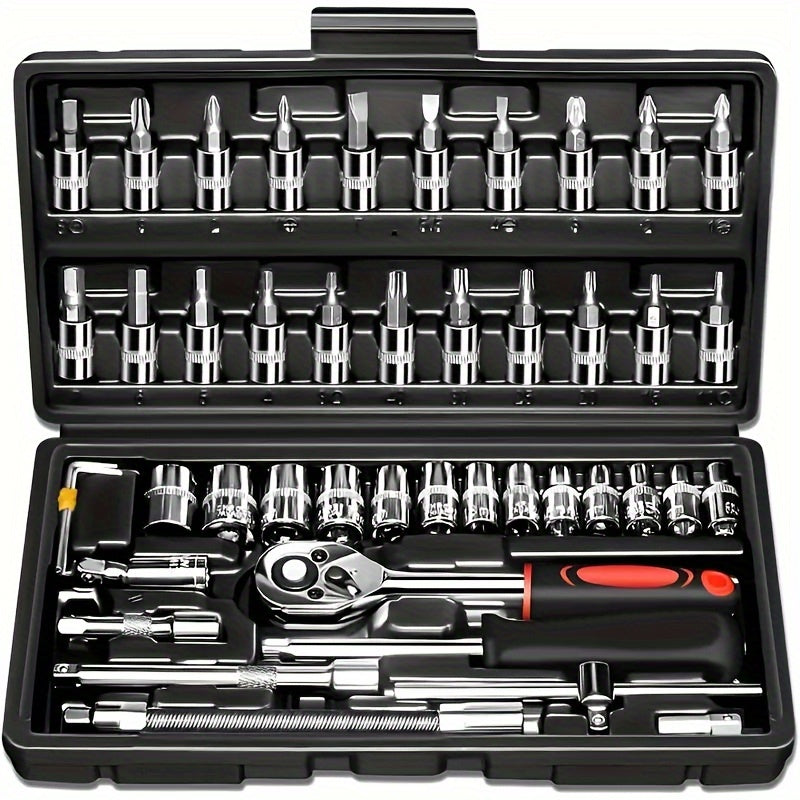 Juego de herramientas mecánicas para autos, 46 piezas, multifuncional con juegos de dados, llaves y trinquete, caja de herramientas resistente de metal con estuche de almacenamiento
