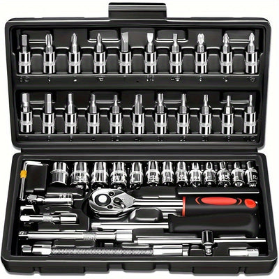 Juego de herramientas de reparación mecánica automotriz de 46 piezas, multifuncional con enchufe, llave y juego de ratchets, estructura metálica duradera con caja de herramientas y caja de almacenamiento.