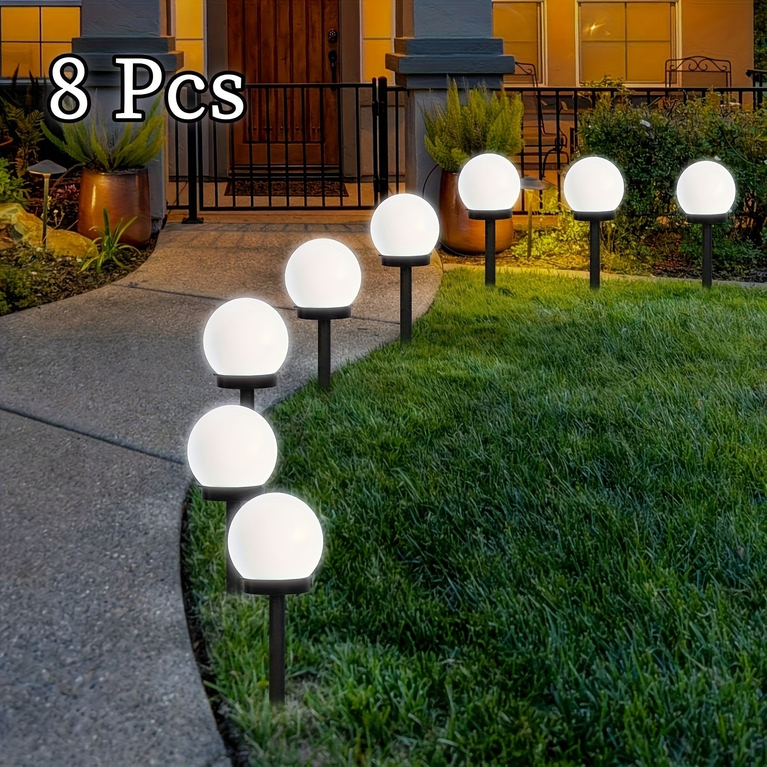 8 luces solares LED esféricas para jardín, blancas, iluminación exterior para caminos, luces solares automáticas de plástico resistente para césped, patio, decoración navideña y de bodas, luces solares para exteriores, decoración de jardín, acentos decor