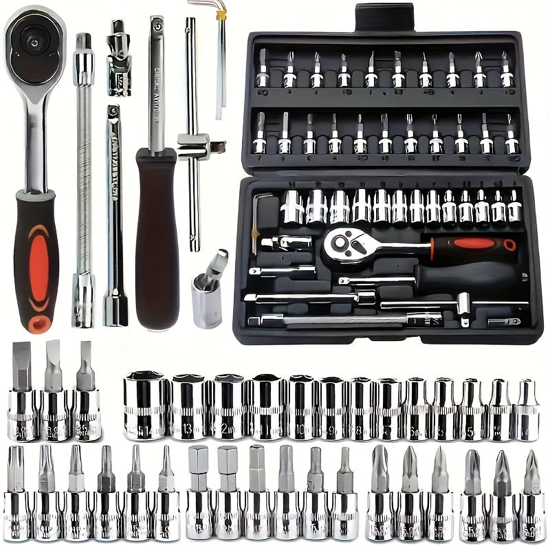 Juego de herramientas mecánicas para autos, 46 piezas, multifuncional con juegos de dados, llaves y trinquete, caja de herramientas resistente de metal con estuche de almacenamiento