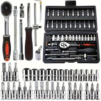 Juego de herramientas de reparación mecánica automotriz de 46 piezas, multifuncional con enchufe, llave y juego de ratchets, estructura metálica duradera con caja de herramientas y caja de almacenamiento.