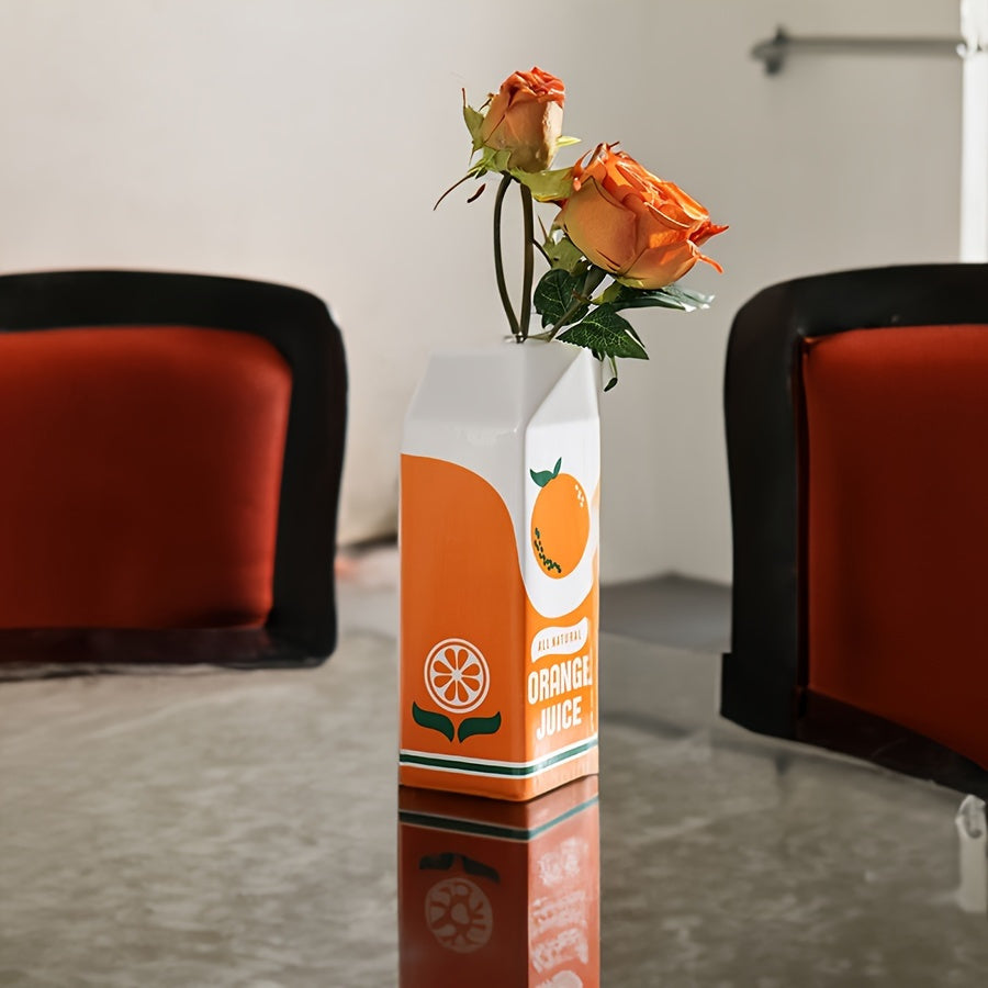 1 pieza de jarrón de jugo de naranja vintage - Cerámica decorativa con diseño de rodaja de naranja realista, estilo bohemio para hogar/coche/escritorio, no necesita batería, jarrones decorativos para el hogar.
