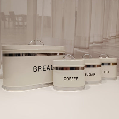Juego de 4 Piezas Recipiente Hermético para Almacenar Pan, Café y Té en Tarro Metálico con Tapón de Acero