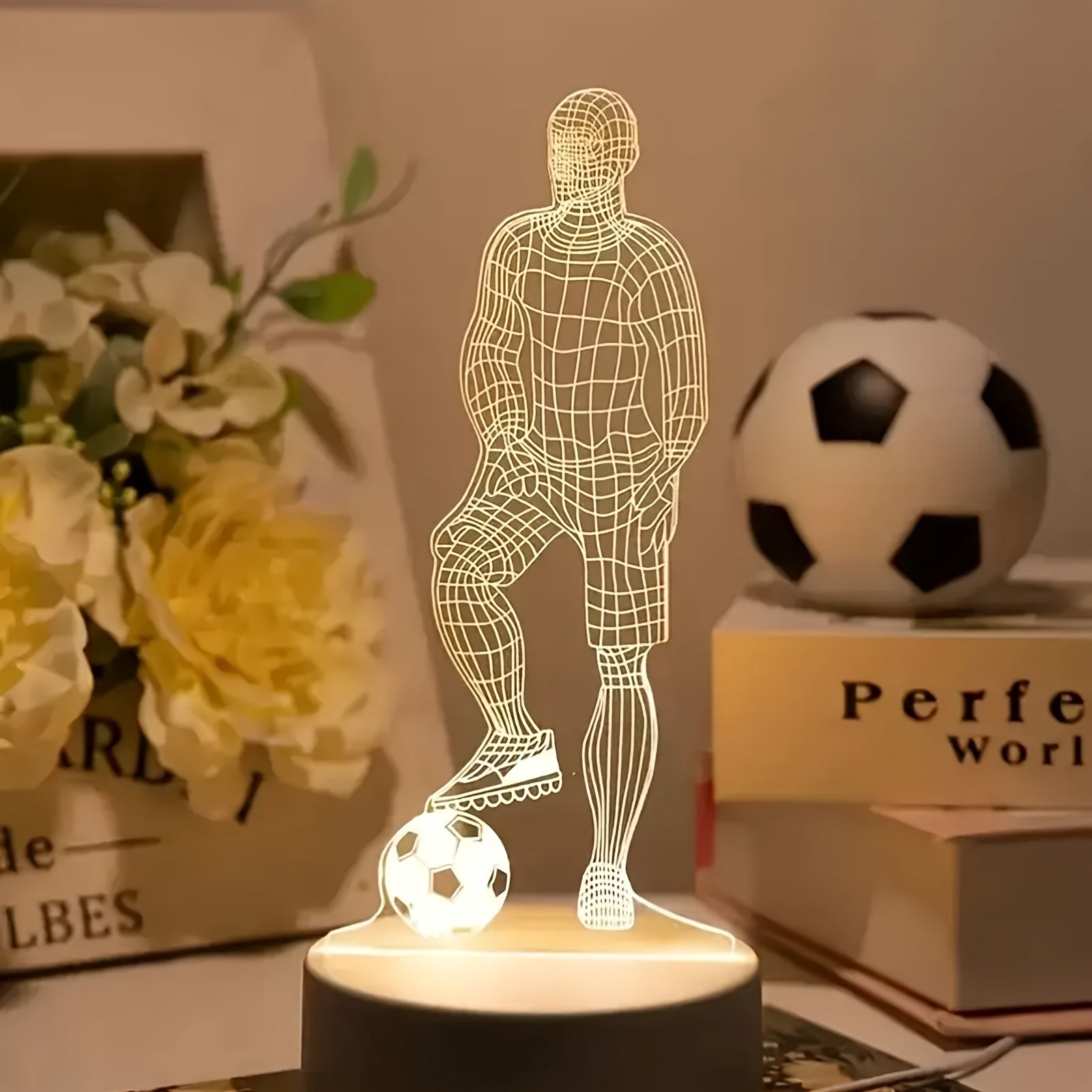 1pc Lámpara de noche 3D de jugador de fútbol, luz cálida de un solo color alimentada por USB, luz ascendente geométrica moderna, luz de noche de mesa de plástico de bajo consumo energético para varios tipos de habitaciones, iluminación creativa de ambien