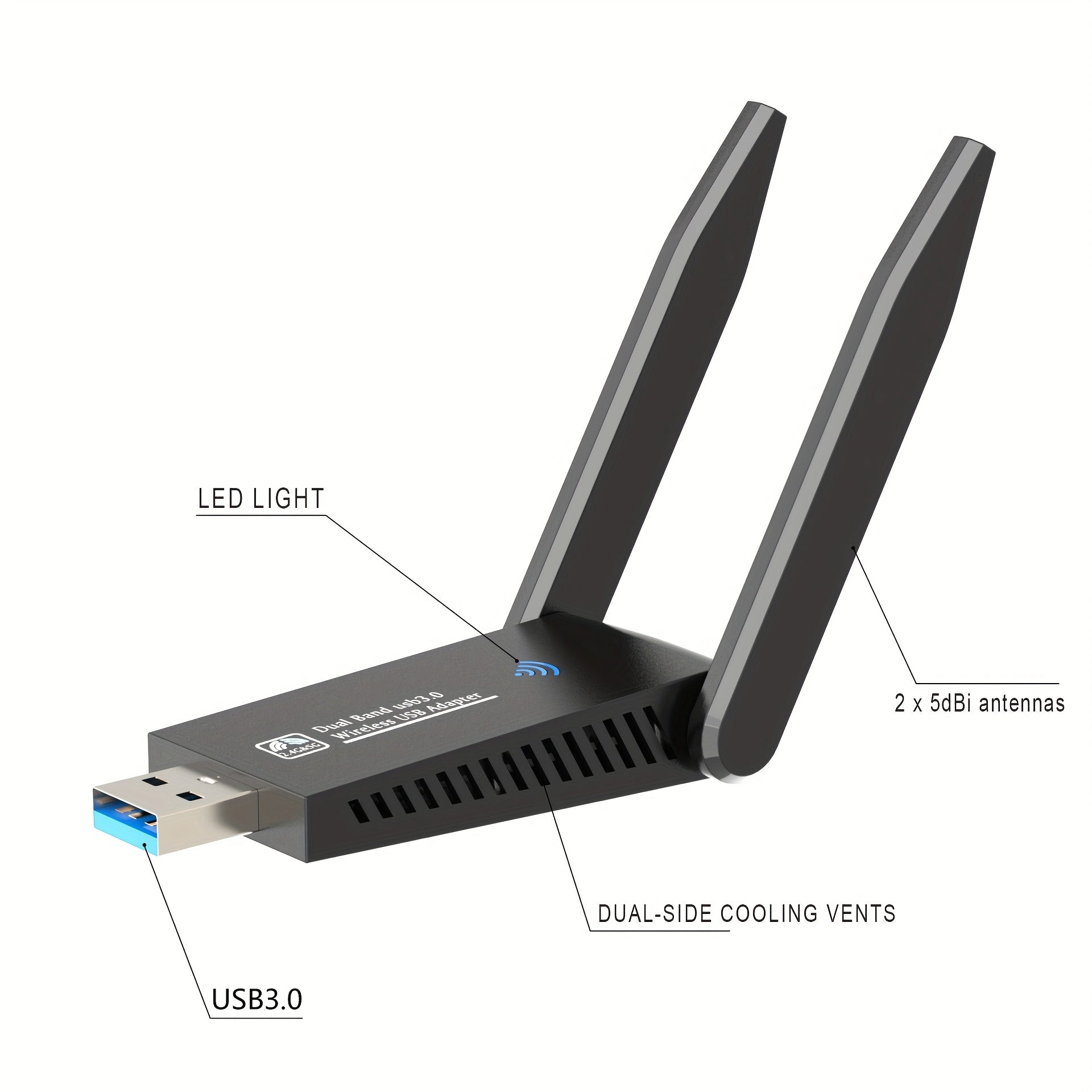 Adaptador WiFi USB AC1300M de doble banda - Adaptador de red inalámbrica de doble banda 2.4GHz/5GHz para portátil/ordenador, sin controlador, compatible con Windows Vista/XP/7/8/10/11, solución WiFi portátil | Diseño negro elegante | Modo de alimentación
