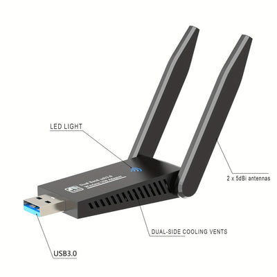 Adaptador WiFi USB AC1300M de doble banda - Adaptador de red inalámbrica de doble banda 2.4GHz/5GHz para portátil/ordenador, sin controlador, compatible con Windows Vista/XP/7/8/10/11, solución WiFi portátil | Diseño negro elegante | Modo de alimentación