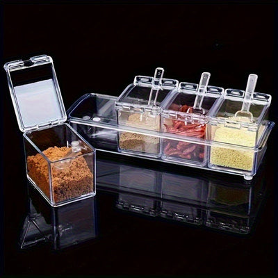 1 caja de condimentos transparente, juego de 4 contenedores de almacenamiento de condimentos con cuchara, estante de condimentos transparente, ollas de especias para pimienta, especias.