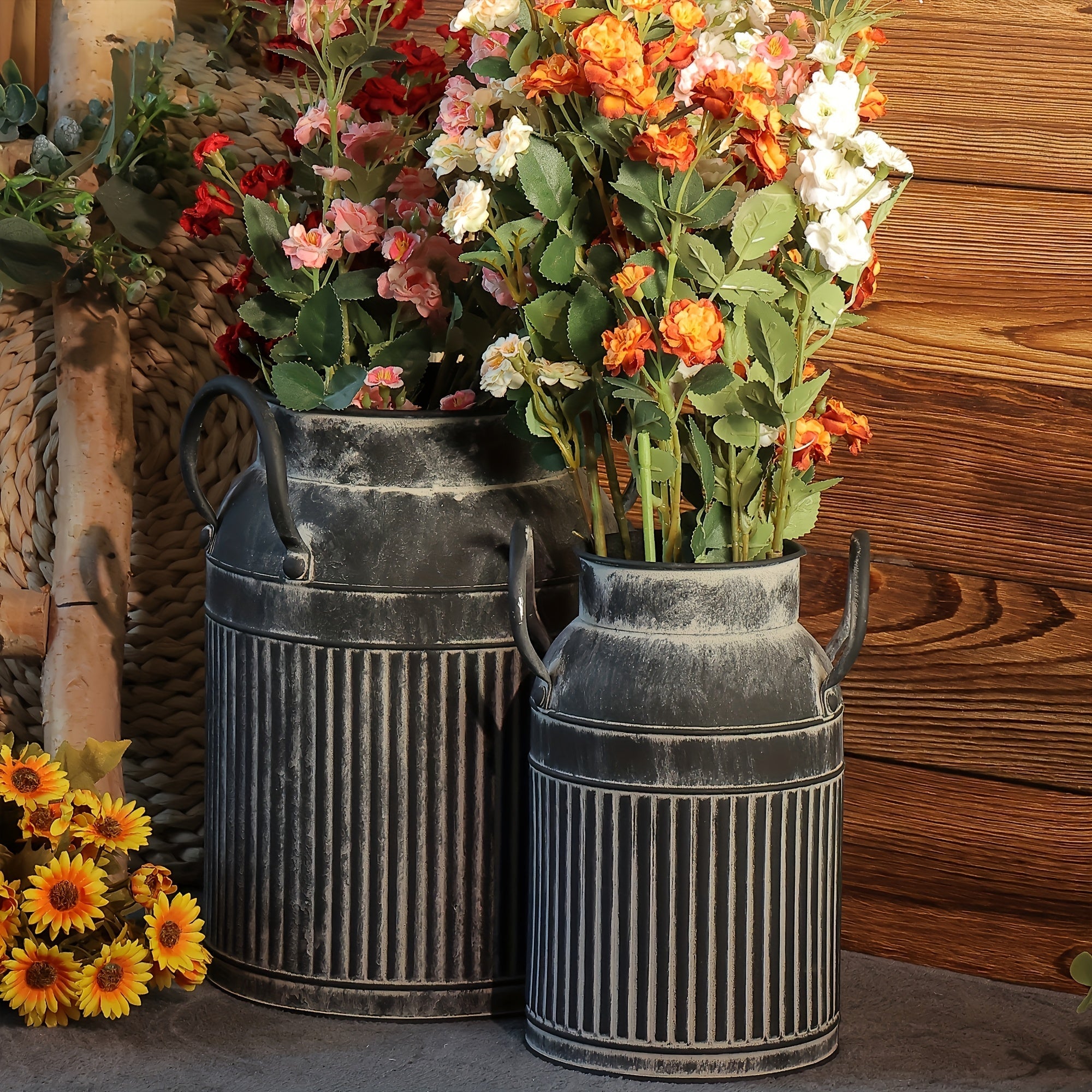 2 piezas Jarrones de metal vintage, Cubos de flores de granja rústica, forma cilíndrica, Centros de mesa decorativos de metal para decoración del hogar
