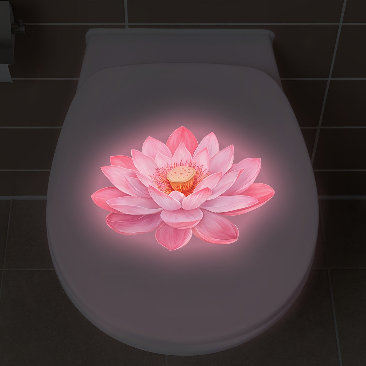 1 pieza Pegatina Luminosa para Inodoro de Baño, Luz Nocturna para Pared con Diseño de Loto - Pegatinas de PVC Rosa Suave, Adecuadas para el Baño y la Asiento del Inodoro, Pegatinas Decorativas para el Hogar