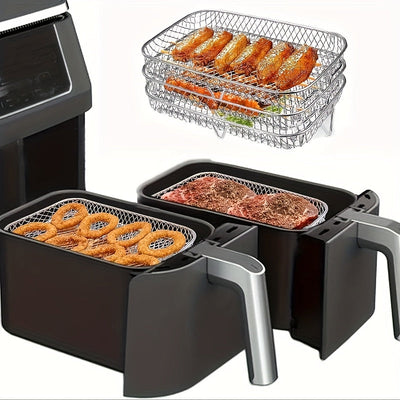 Soporte de freidora de aire de acero inoxidable 304 de 2 niveles - Cesta de cocina apilable para tocino, anillos de cebolla y más, ideal para uso en casa y al aire libre, esenciales para la cocina al aire libre | Soporte de cocina apilable | Construcción