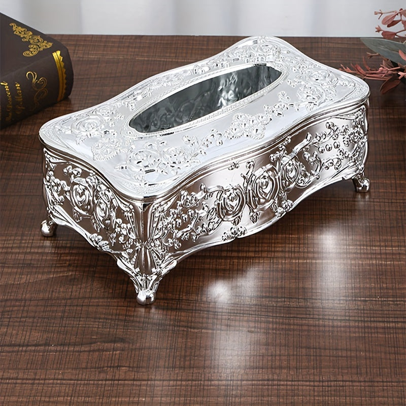 Elegante Soporte para Caja de Pañuelos de Estilo Europeo Plateado - Plástico Pulido, Accesorio Cuadrado para Baño para Hogar, Restaurante, KTV y Hotel