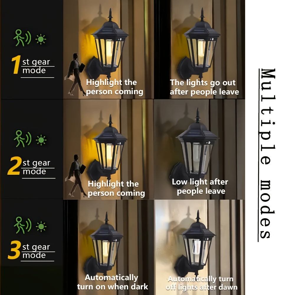 Lámpara de pared solar LED vintage - 3 modos de iluminación, luz decorativa retro, luz exterior para jardín, recargable con energía solar, ideal para porche, jardín o patio, fácil instalación