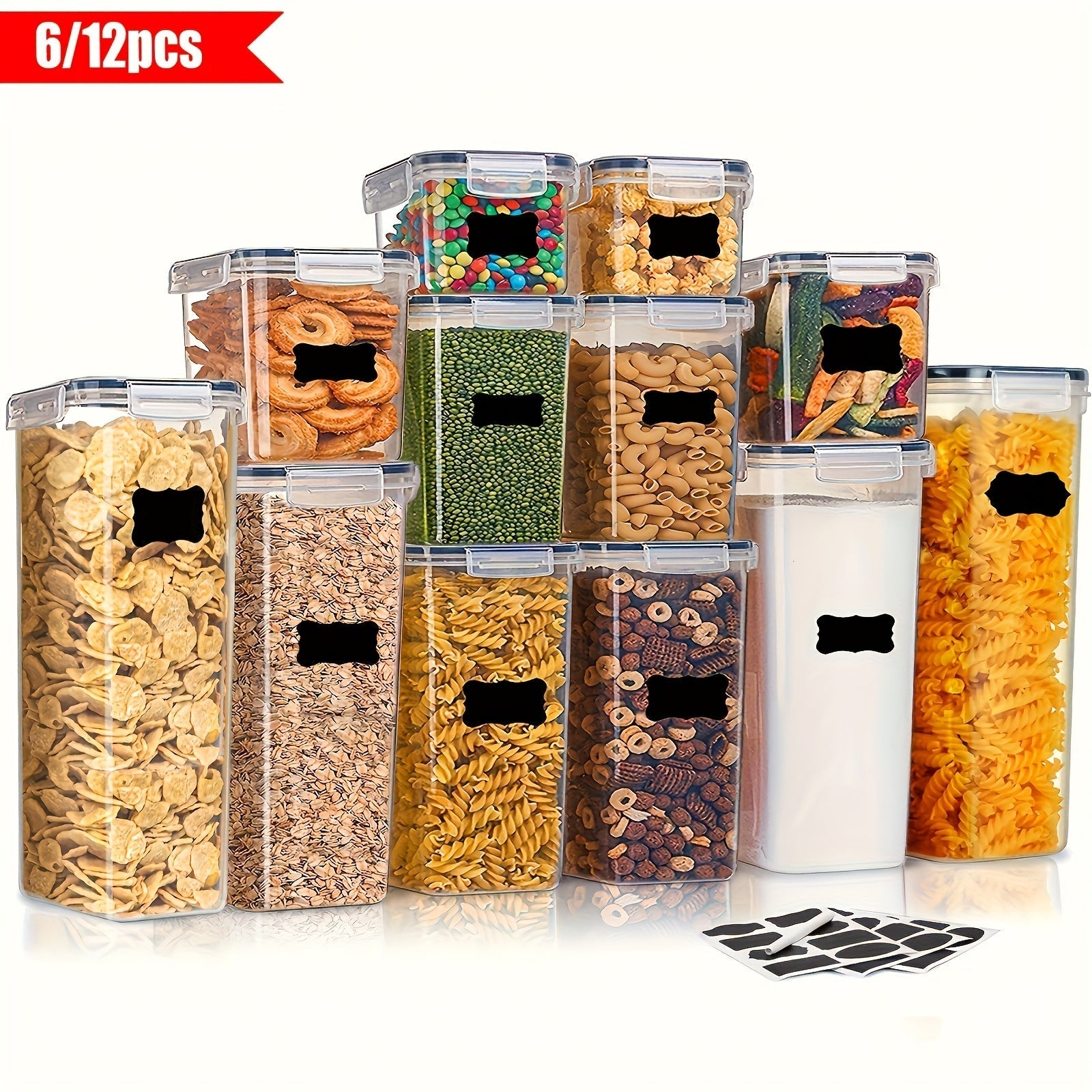 [6/12 recipientes herméticos] Juego de 6/12 recipientes herméticos para alimentos con tapa, libres de BPA, organizadores de despensa y almacenamiento de comida seca, aptos para lavavajillas, incluye etiquetas y marcador