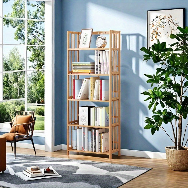 1 estante de bambú ajustable de 4-6 niveles, diseño independiente, adecuado para el hogar, sala de estar o cocina, ahorrador de espacio, duradero, elegante y fácil de montar.