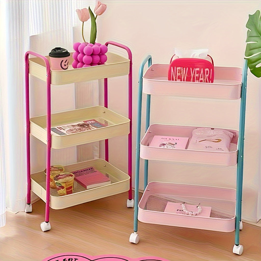 Carrito organizador rodante de 3 niveles, gran capacidad, estructura de acero al carbono, estilo glam, multiusos para el hogar y la oficina, con canastas