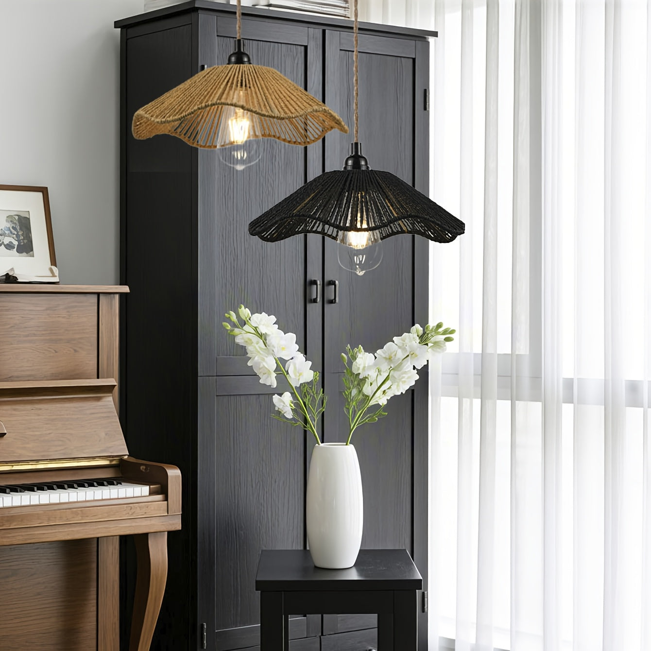 Pantalla colgante de lámpara tejida a mano con papel de cuerda, diseño moderno en forma de abanico, opciones en negro y amarillo, elegante cubierta de lámpara de techo para decoración de hogar y oficina, no requiere electricidad, accesorio versátil para